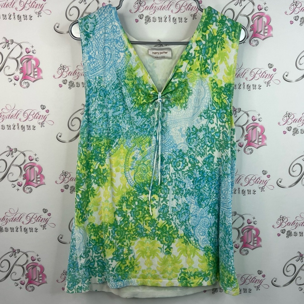 Harry Potter tank top paisley floral tie up Vibrant Green Blue Paisley Blouse